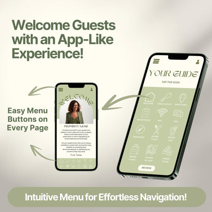 Promotional graphic showing a digital Airbnb welcome guide designed to mimic a mobile app. 