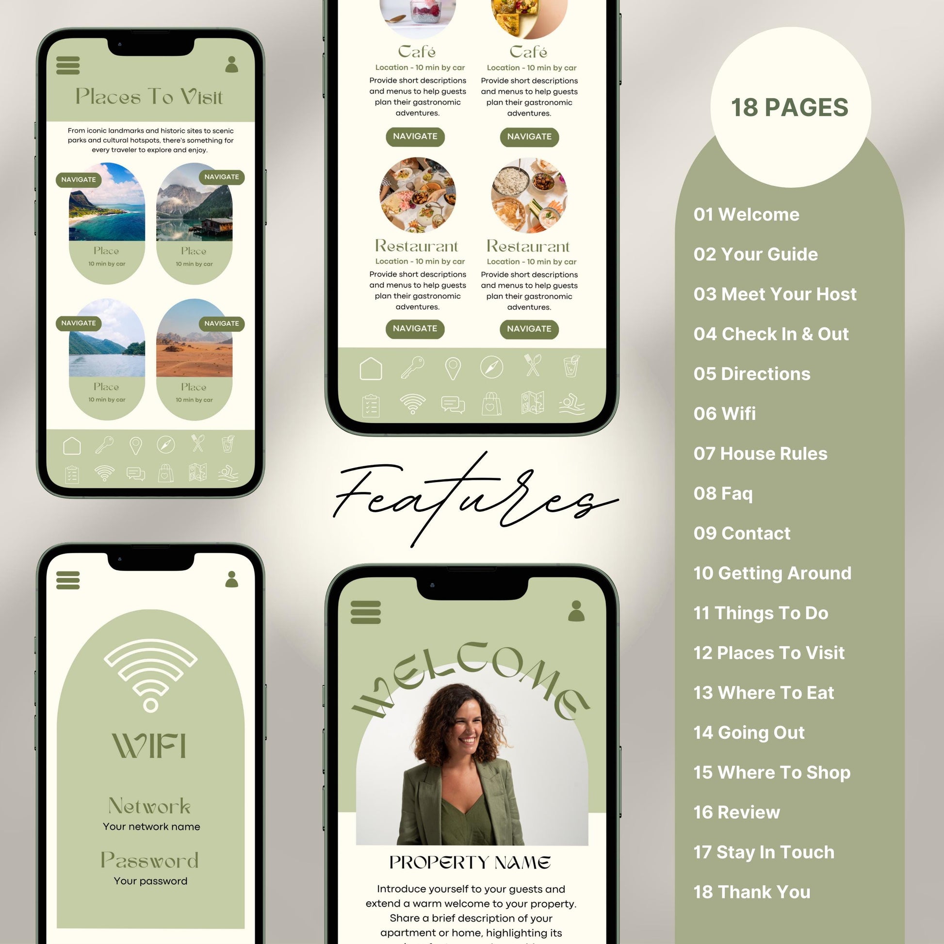 Digital welcome book preview displayed on four smartphone screens, showcasing a mobile-friendly Airbnb or short-term rental guide. The interface features beautifully designed sections such as “Welcome,” “WiFi Info,” “Places to Visit,” and “Where to Eat,” with intuitive icons and “Navigate” buttons.