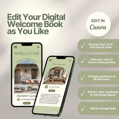 Editable Airbnb host welcome guide template, featuring welcome messages, house description, and host introduction. Includes checklist of customizable elements such as text, photos, layout, and links, all editable in Canva.