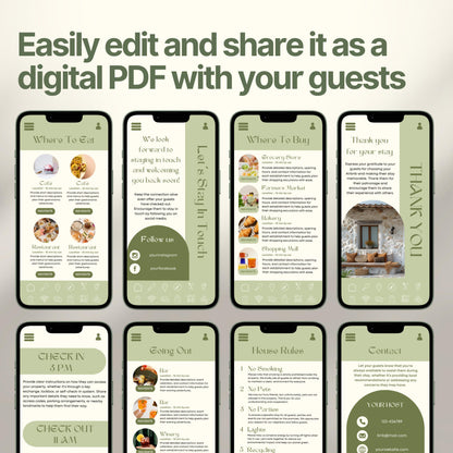 Smartphones display various pages of a digital Airbnb welcome book. The top header reads, "Easily edit and share it as a digital PDF with your guests," emphasizing customization and digital sharing convenience.