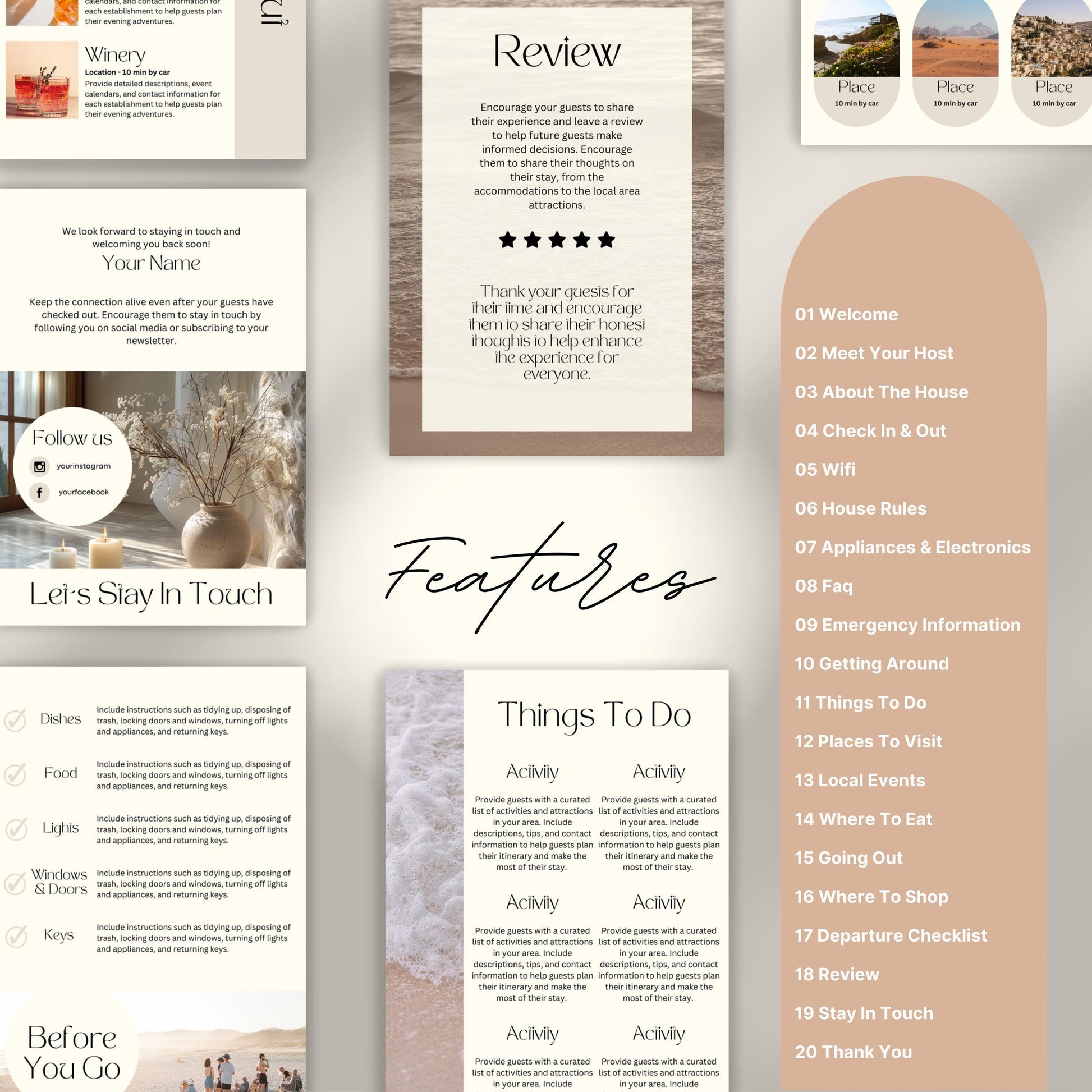 A promotional layout for a Airbnb Welcome Book template. The image displays various page samples including sections like “Review,” “Things To Do." 
