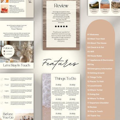 A promotional layout for a Airbnb Welcome Book template. The image displays various page samples including sections like “Review,” “Things To Do." 