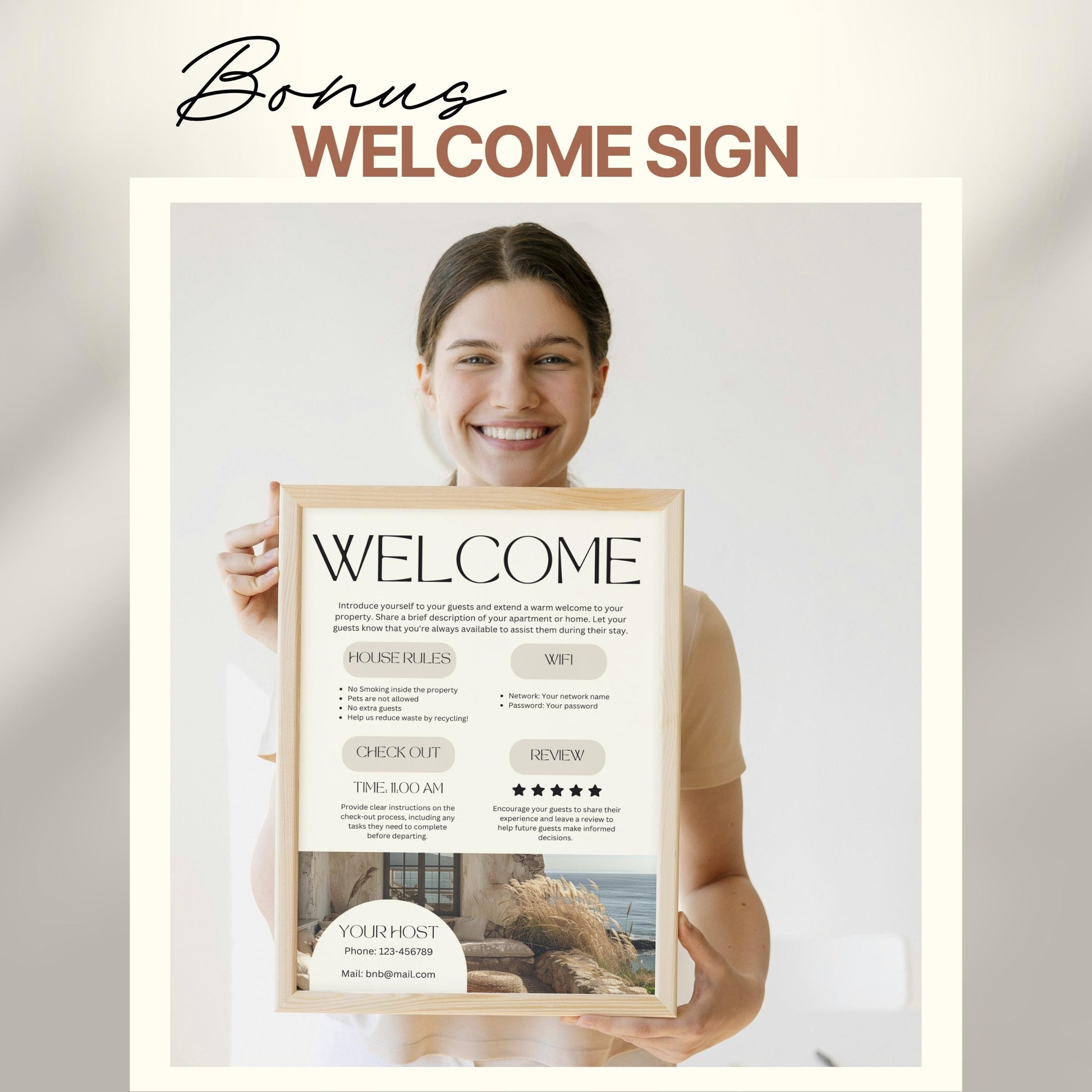 A person in a light-colored outfit holds a framed Airbnb-style welcome sign labeled “WELCOME” at the top. The sign includes sections for house rules, WiFi information, check-out time, and guest reviews. 