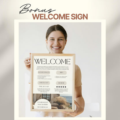 A person in a light-colored outfit holds a framed Airbnb-style welcome sign labeled “WELCOME” at the top. The sign includes sections for house rules, WiFi information, check-out time, and guest reviews. 