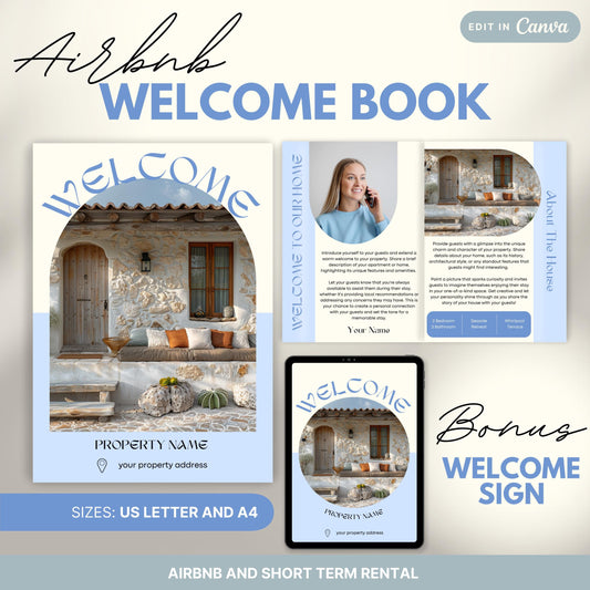 Promotional image for an "Airbnb Welcome Book" editable in Canva. A tablet and print view are shown for flexibility. The text highlights that the templates are available in US Letter and A4 sizes and include a bonus welcome sign. Ideal for Airbnb and short-term rental hosts.