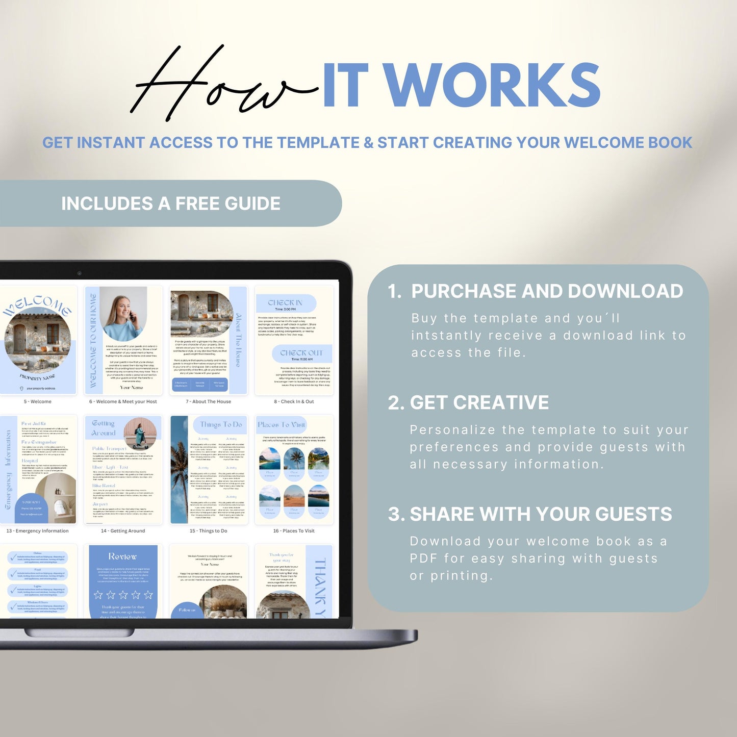 A promotional image explains how to use a digital Airbnb welcome book template. The text reads "How It Works" with a subheading, "Get instant access to the template & start creating your welcome book." A laptop displays thumbnails of different template pages. Three steps are highlighted in a peach-colored box: 1) Purchase and download, 2) Get creative by personalizing, and 3) Share with your guests as a PDF.