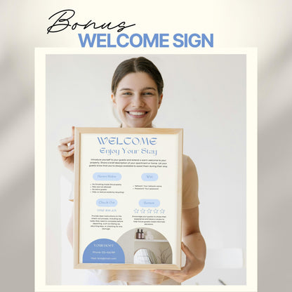 A smiling woman holds a framed "Welcome" sign designed for Airbnb or short-term rental guests. The sign includes sections for house rules, WiFi details, check-out time, review encouragement, and host contact information.