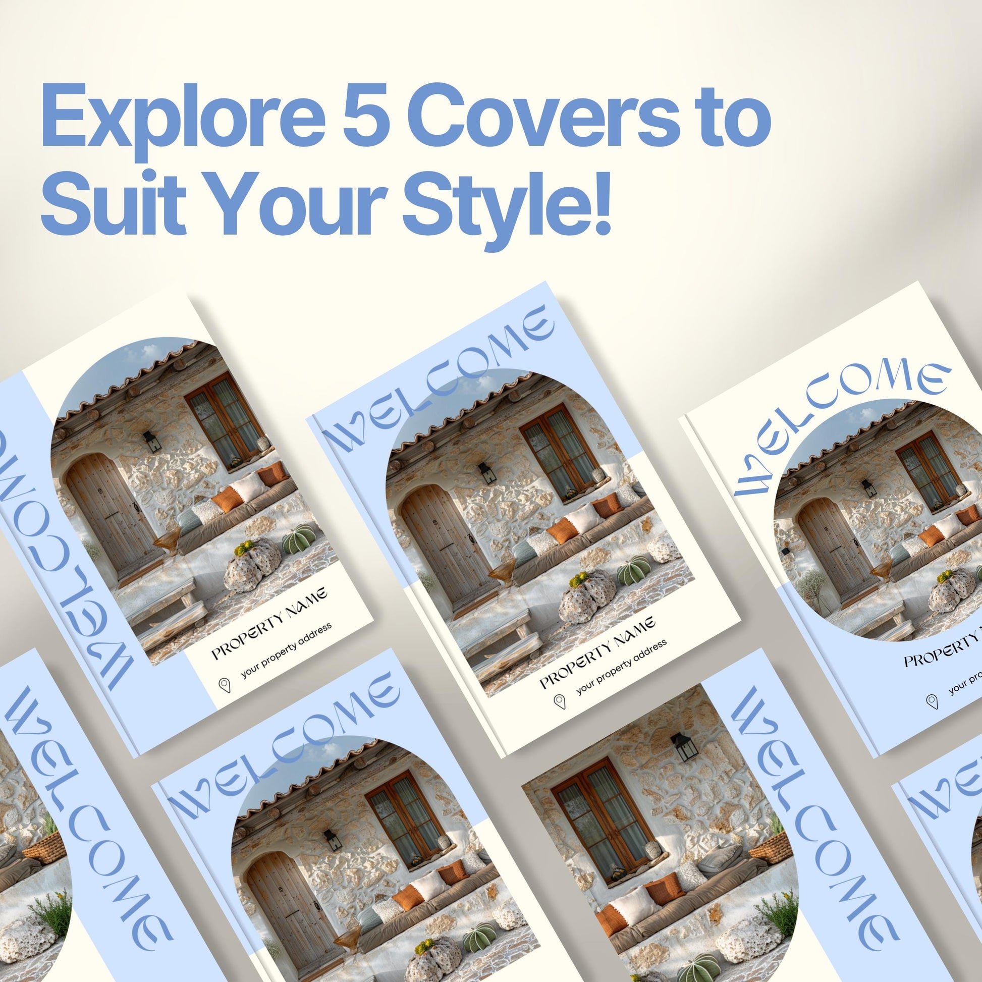 Graphic promoting customizable Airbnb Welcome Book covers with the headline “Explore 5 Covers to Suit Your Style!”