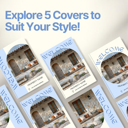 Graphic promoting customizable Airbnb Welcome Book covers with the headline “Explore 5 Covers to Suit Your Style!”