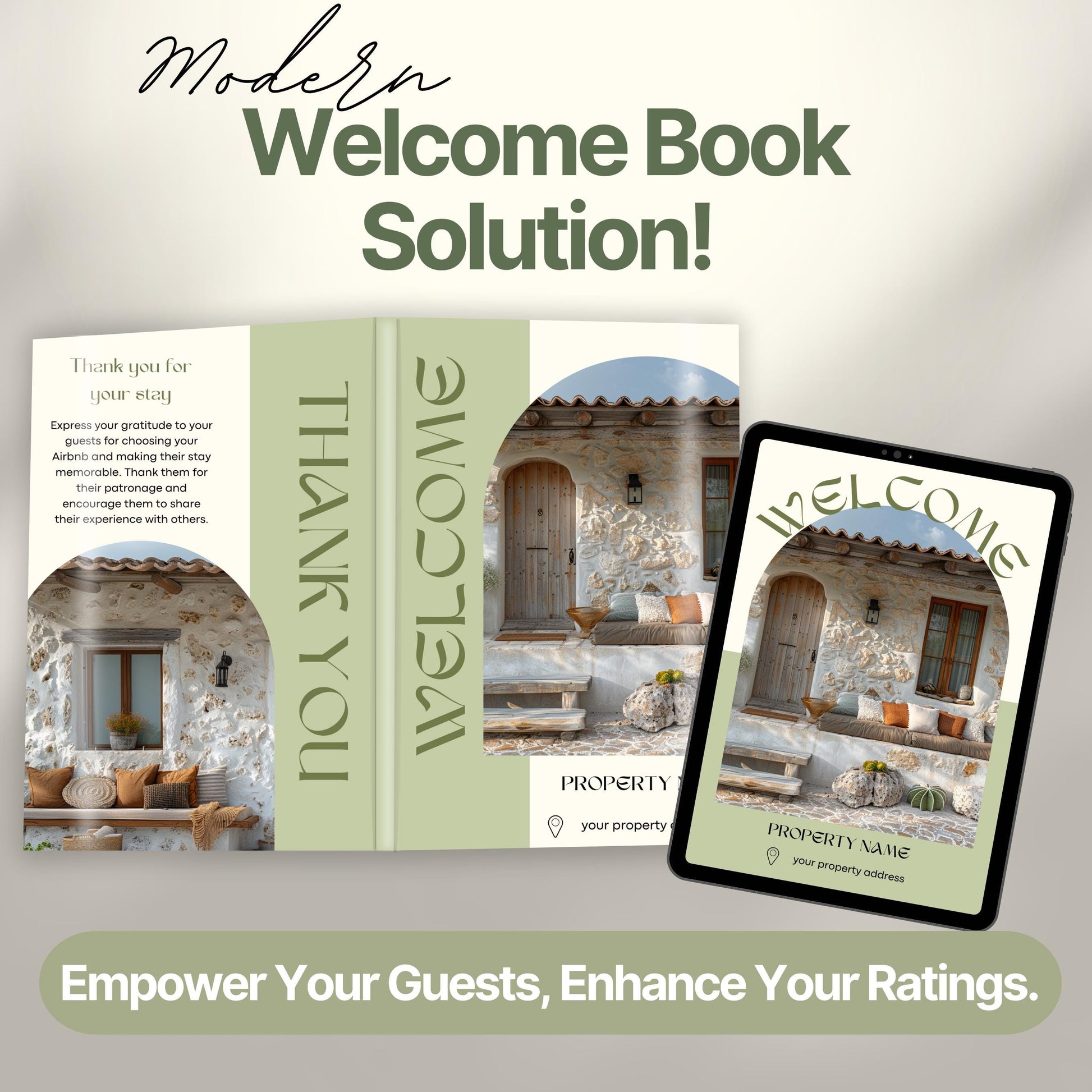 Promotional graphic showcasing a modern Airbnb welcome book solution. The image features a printed welcome book opened.
