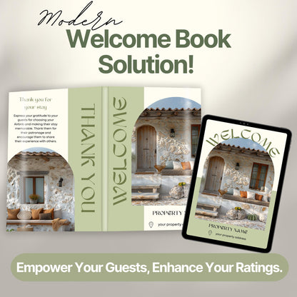 Promotional graphic showcasing a modern Airbnb welcome book solution. The image features a printed welcome book opened.