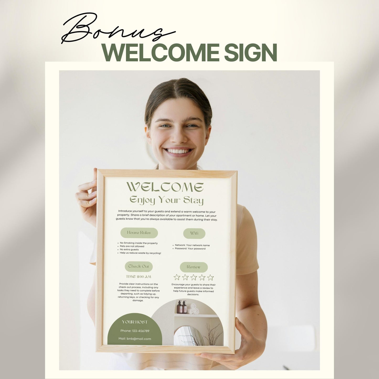 A smiling woman holds a framed "Welcome" sign designed for Airbnb or short-term rental guests. The sign includes sections for house rules, WiFi details, check-out time, review encouragement, and host contact information.