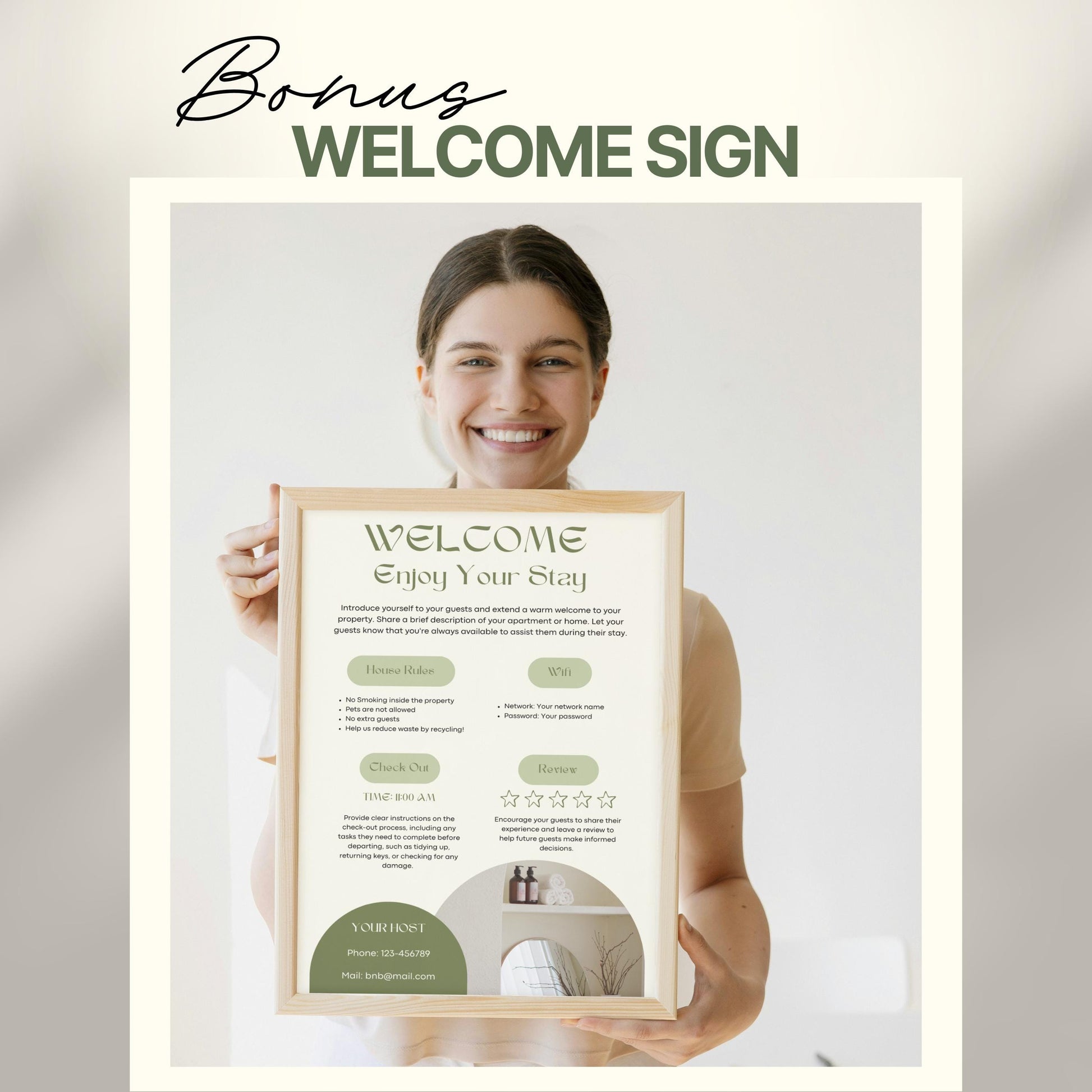 A smiling woman holds a framed "Welcome" sign designed for Airbnb or short-term rental guests. The sign includes sections for house rules, WiFi details, check-out time, review encouragement, and host contact information.