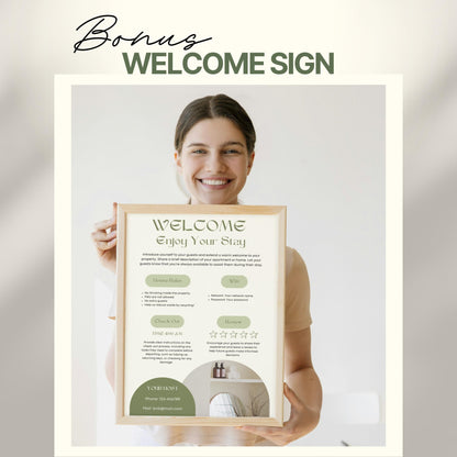 A smiling woman holds a framed "Welcome" sign designed for Airbnb or short-term rental guests. The sign includes sections for house rules, WiFi details, check-out time, review encouragement, and host contact information.