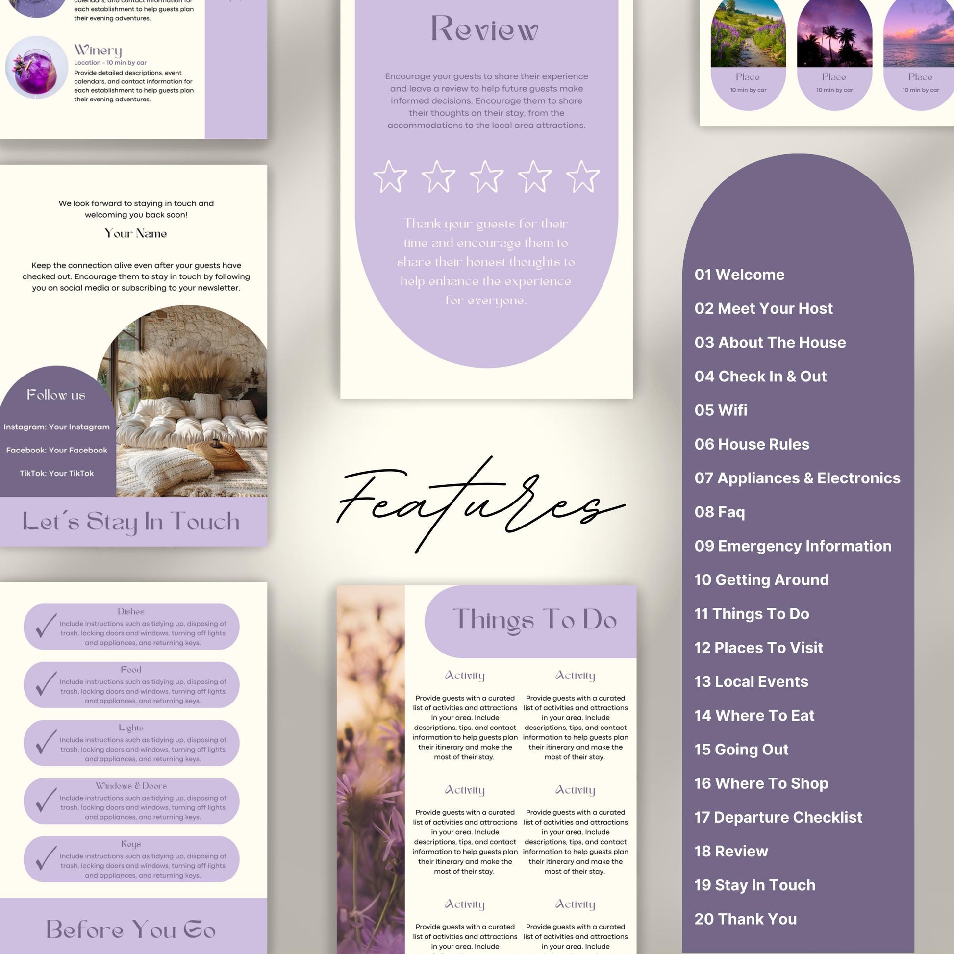 A promotional layout for a Airbnb Welcome Book template. The image displays various page samples including sections like “Review,” “Things To Do,” “Let’s Stay In Touch,” and “Before You Go.”
