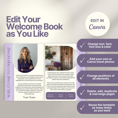 Editable Airbnb host welcome guide template, featuring welcome messages, house description, and host introduction. Includes checklist of customizable elements such as text, photos, layout, and links, all editable in Canva.
