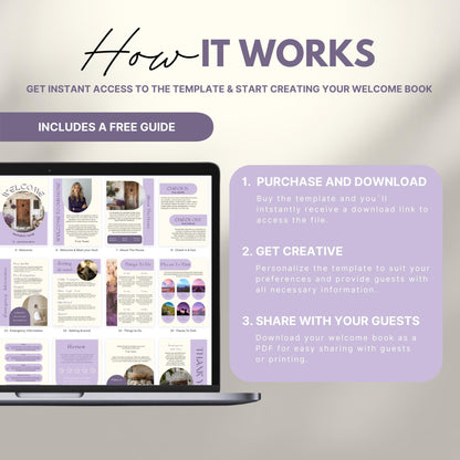 Instructional graphic titled "How It Works" for creating an Airbnb Welcome Book using a digital template. The design features a laptop mockup displaying various pages of the welcome book, including sections like Welcome, Meet Your Host, Check-In & Out, Things To Do, and more. To the right, three simple steps are outlined: 1. Purchase and Download, 2. Get Creative, 3. Share With Your Guests. A badge above the laptop highlights that a free guide is included. The image emphasizes c