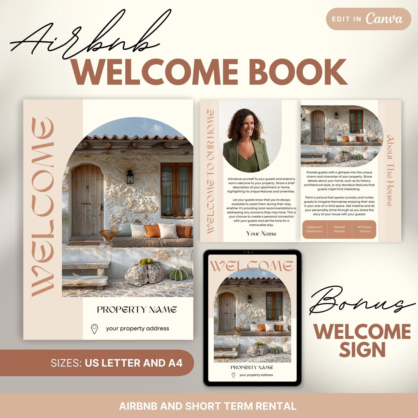 Promotional image for an "Airbnb Welcome Book" editable in Canva. A tablet and print view are shown for flexibility. The text highlights that the templates are available in US Letter and A4 sizes and include a bonus welcome sign. Ideal for Airbnb and short-term rental hosts.