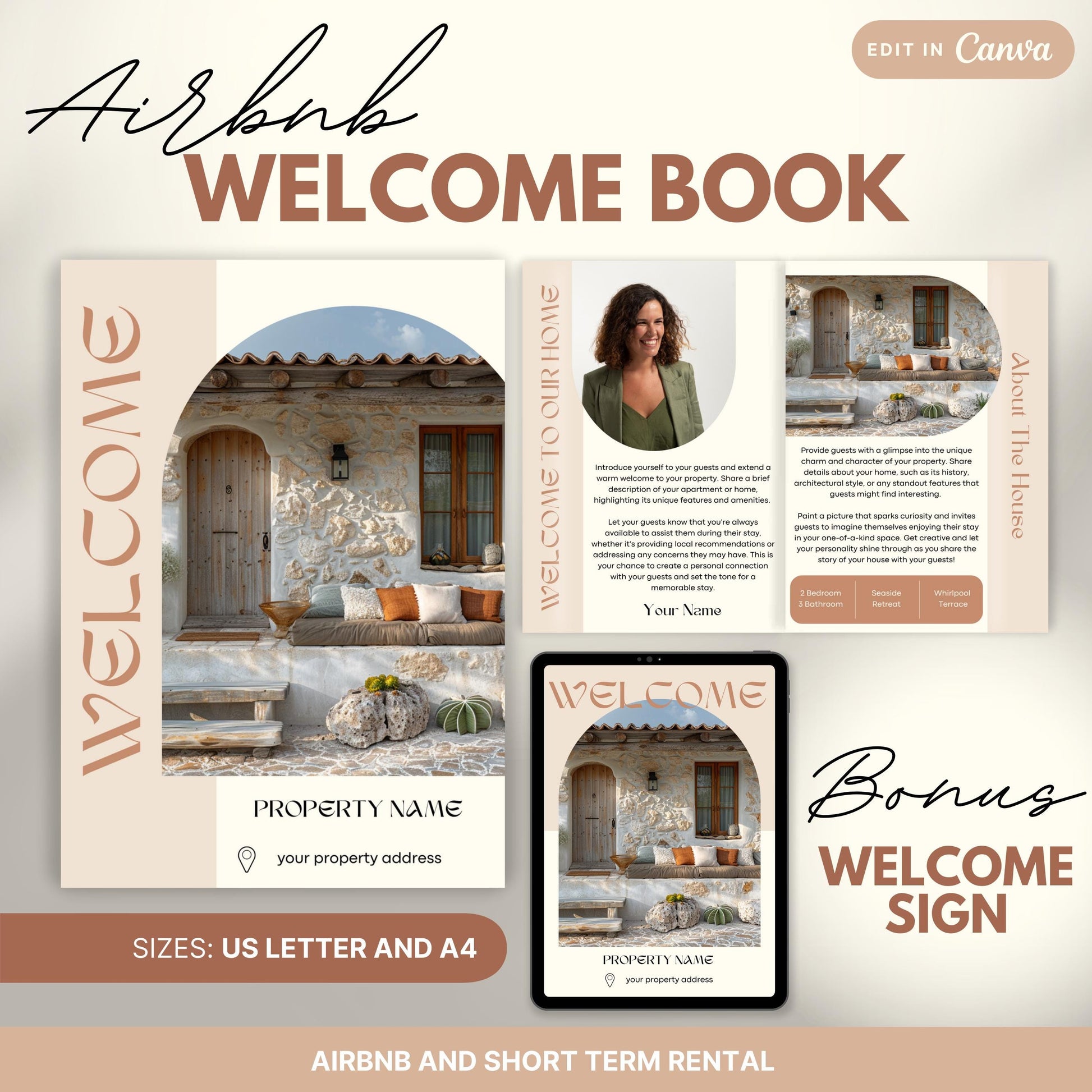 Promotional image for an "Airbnb Welcome Book" editable in Canva. A tablet and print view are shown for flexibility. The text highlights that the templates are available in US Letter and A4 sizes and include a bonus welcome sign. Ideal for Airbnb and short-term rental hosts.