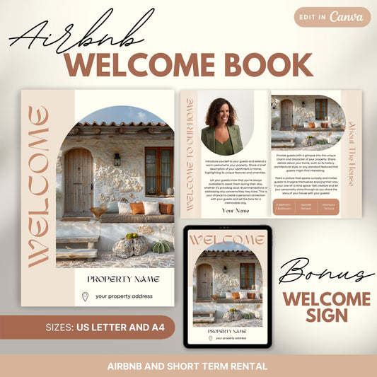 Promotional image for an "Airbnb Welcome Book" editable in Canva. A tablet and print view are shown for flexibility. The text highlights that the templates are available in US Letter and A4 sizes and include a bonus welcome sign. Ideal for Airbnb and short-term rental hosts.