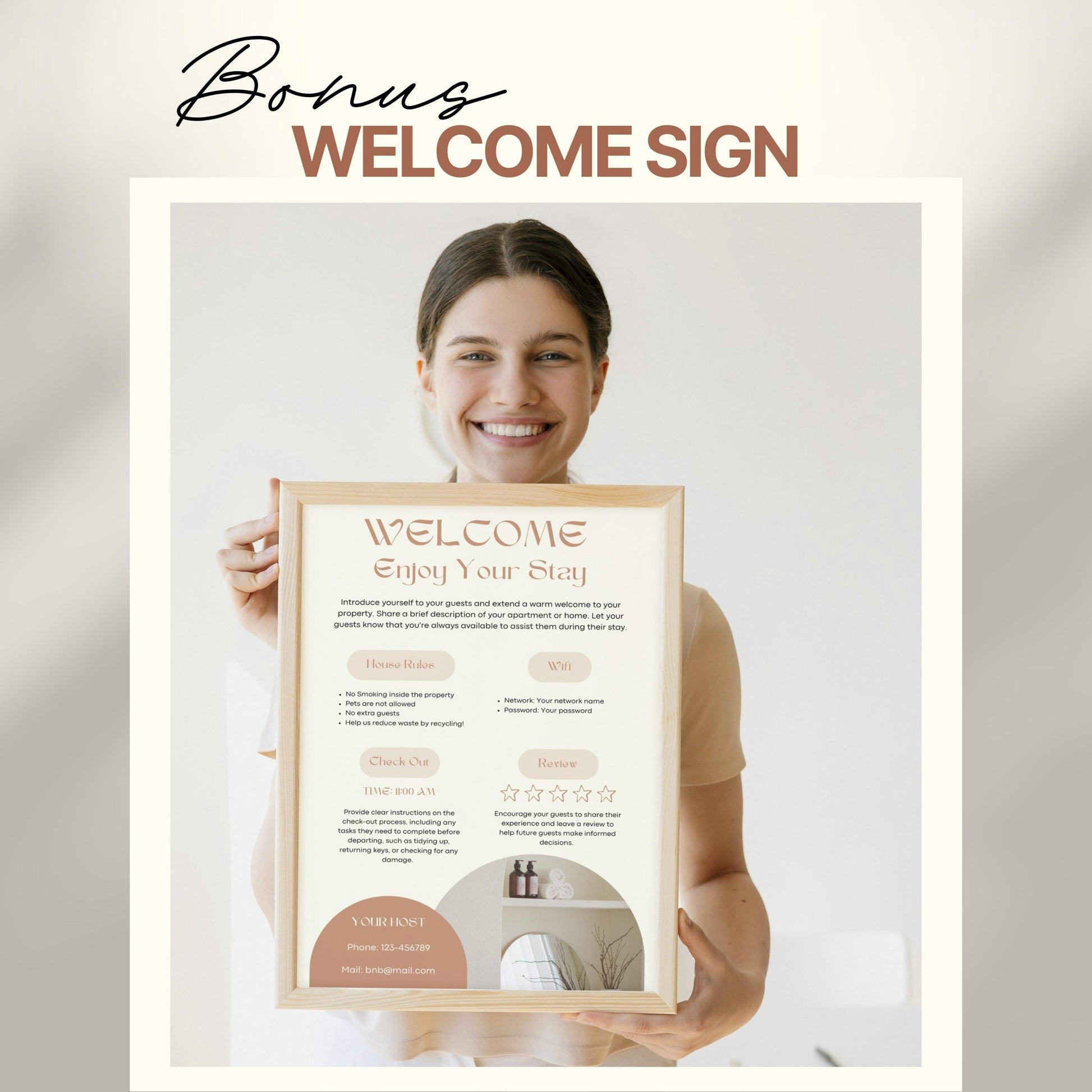 A smiling woman holds a framed "Welcome" sign designed for Airbnb or short-term rental guests. The sign includes sections for house rules, WiFi details, check-out time, review encouragement, and host contact information.