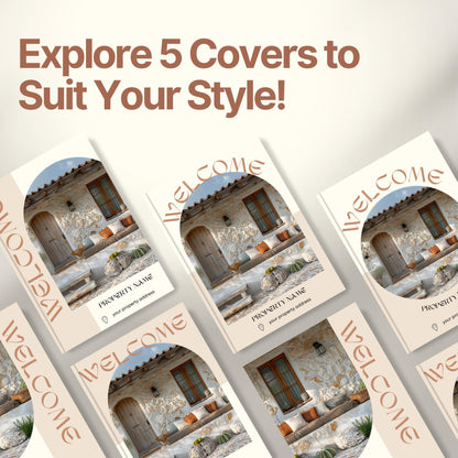 Graphic promoting customizable Airbnb Welcome Book covers with the headline “Explore 5 Covers to Suit Your Style!”