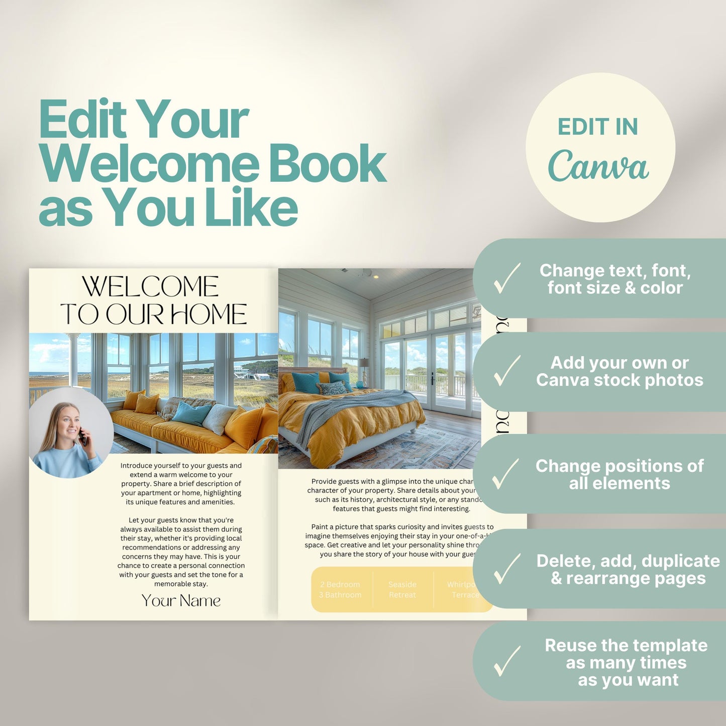 Editable Airbnb host welcome guide template, featuring welcome messages, house description, and host introduction. Includes checklist of customizable elements such as text, photos, layout, and links, all editable in Canva.