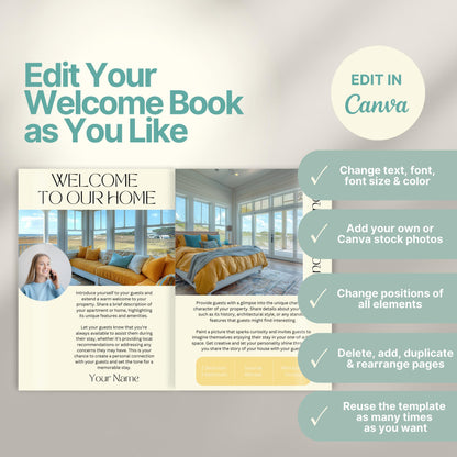 Editable Airbnb host welcome guide template, featuring welcome messages, house description, and host introduction. Includes checklist of customizable elements such as text, photos, layout, and links, all editable in Canva.