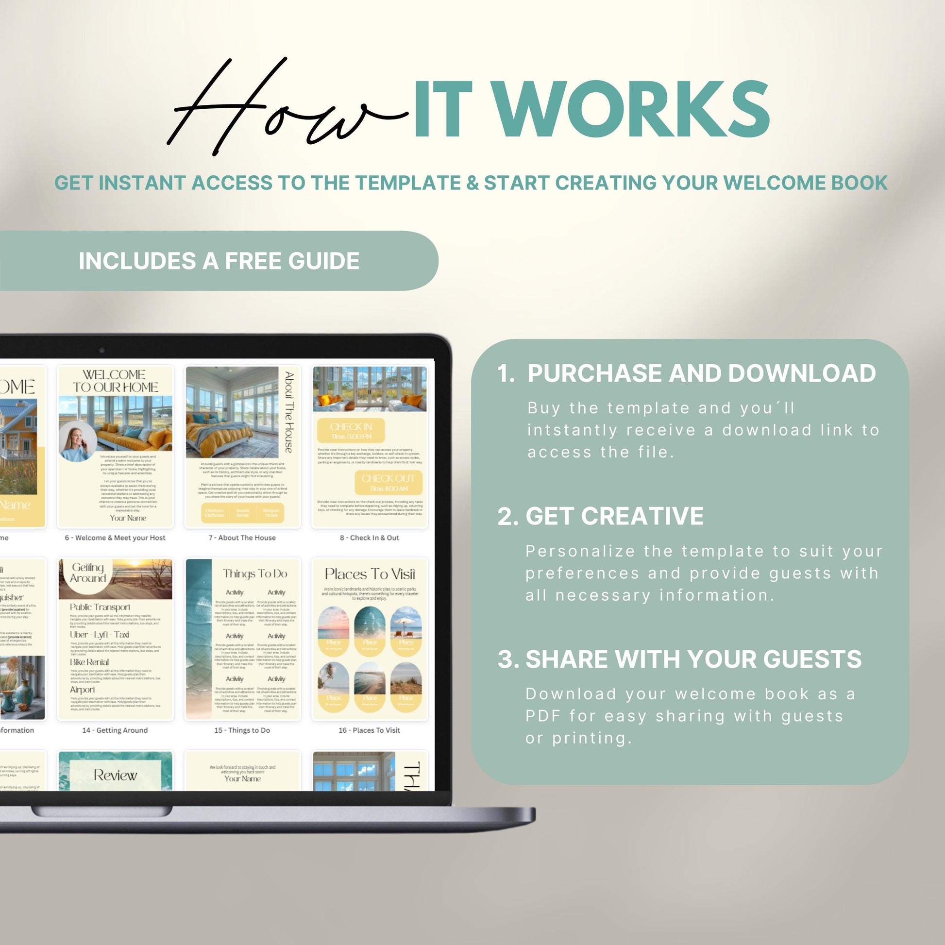 A promotional image explains how to use a digital Airbnb welcome book template. The text reads "How It Works" with a subheading, "Get instant access to the template & start creating your welcome book." A laptop displays thumbnails of different template pages. Three steps are highlighted in a peach-colored box: 1) Purchase and download, 2) Get creative by personalizing, and 3) Share with your guests as a PDF.