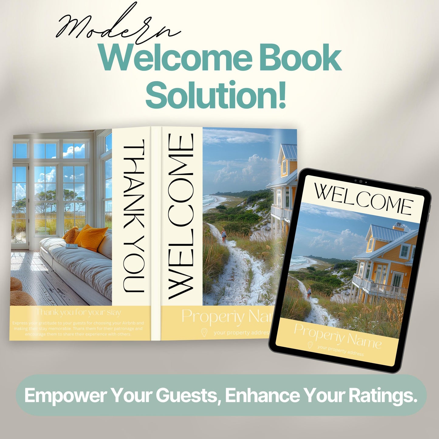 Promotional graphic showcasing a modern Airbnb welcome book solution. The image features a printed welcome book opened.