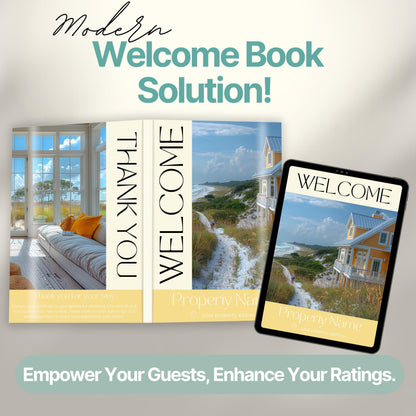 Promotional graphic showcasing a modern Airbnb welcome book solution. The image features a printed welcome book opened.