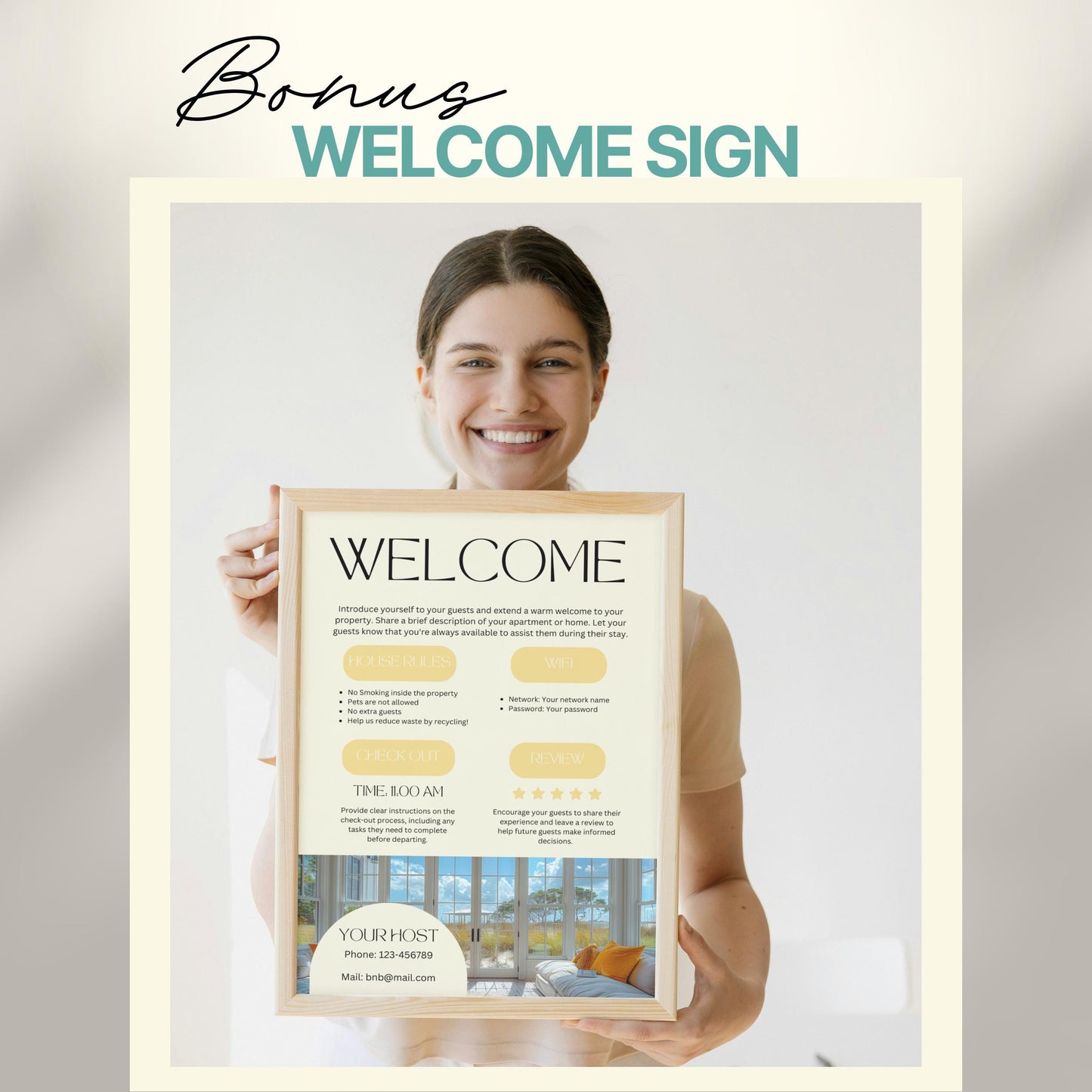 A smiling woman holds a framed "Welcome" sign designed for Airbnb or short-term rental guests. The sign includes sections for house rules, WiFi details, check-out time, review encouragement, and host contact information.