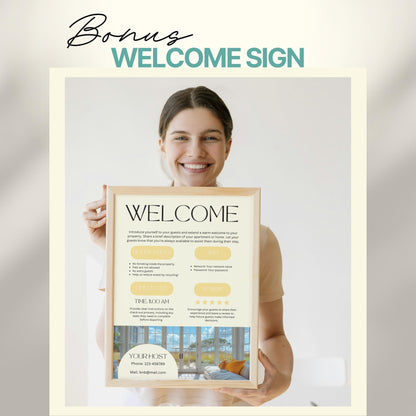 A smiling woman holds a framed "Welcome" sign designed for Airbnb or short-term rental guests. The sign includes sections for house rules, WiFi details, check-out time, review encouragement, and host contact information.