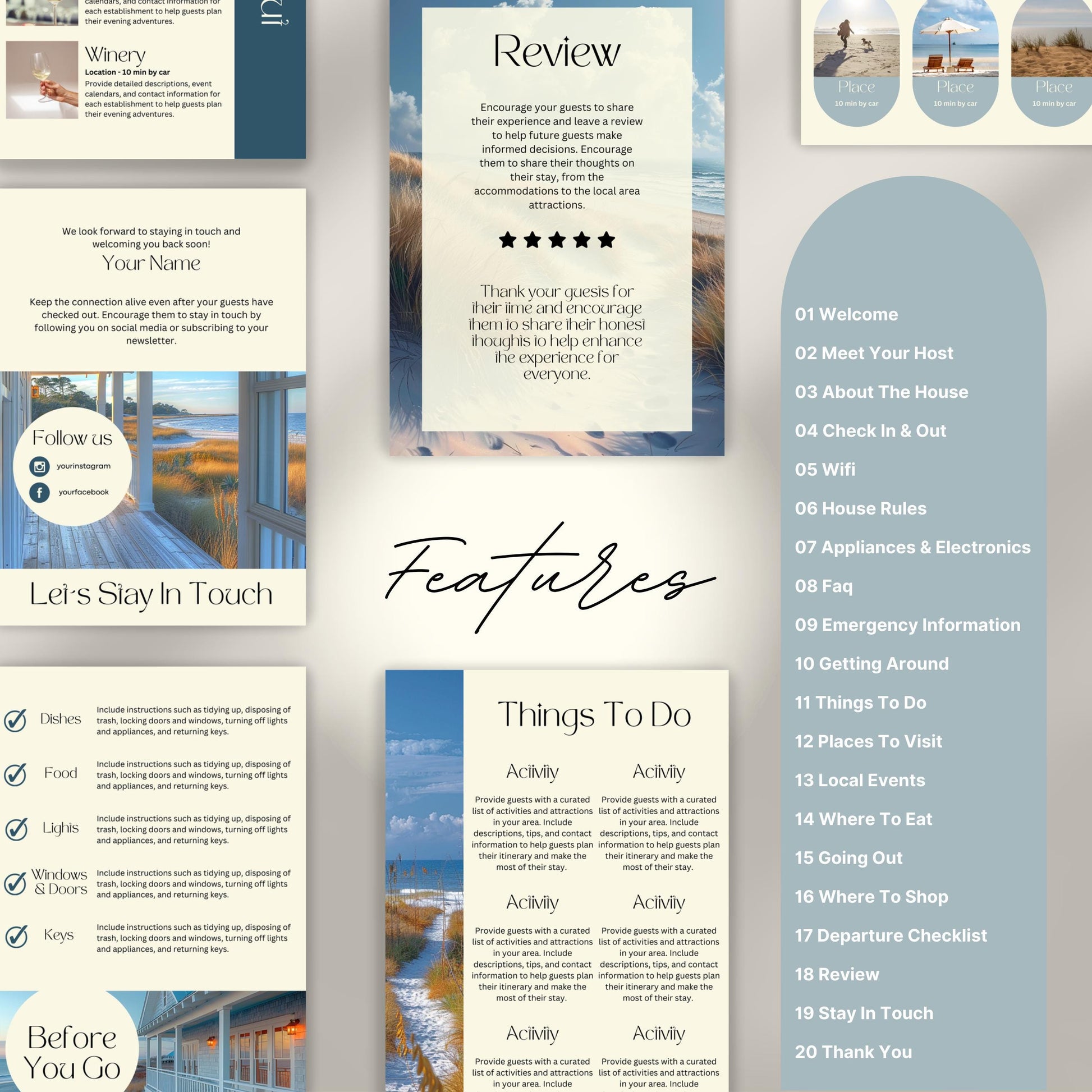 A promotional layout for a Airbnb Welcome Book template. The image displays various page samples including sections like “Review,” “Things To Do,” “Let’s Stay In Touch,” and “Before You Go.”