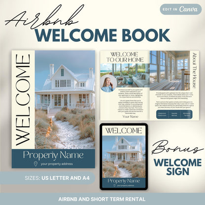 Promotional image for an "Airbnb Welcome Book" editable in Canva. A tablet and print view are shown for flexibility. The text highlights that the templates are available in US Letter and A4 sizes and include a bonus welcome sign. Ideal for Airbnb and short-term rental hosts.