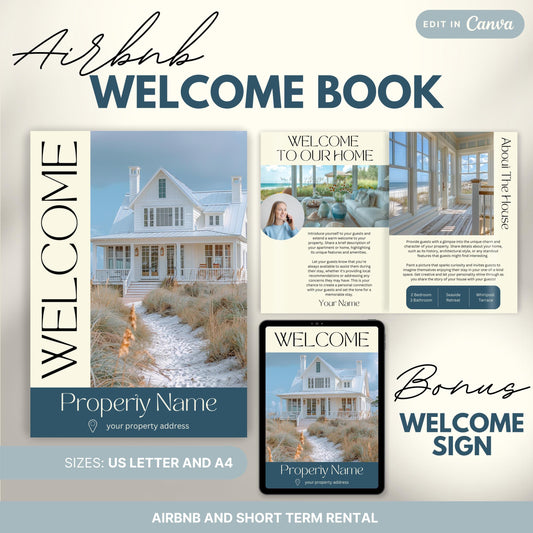 Promotional image for an "Airbnb Welcome Book" editable in Canva. A tablet and print view are shown for flexibility. The text highlights that the templates are available in US Letter and A4 sizes and include a bonus welcome sign. Ideal for Airbnb and short-term rental hosts.