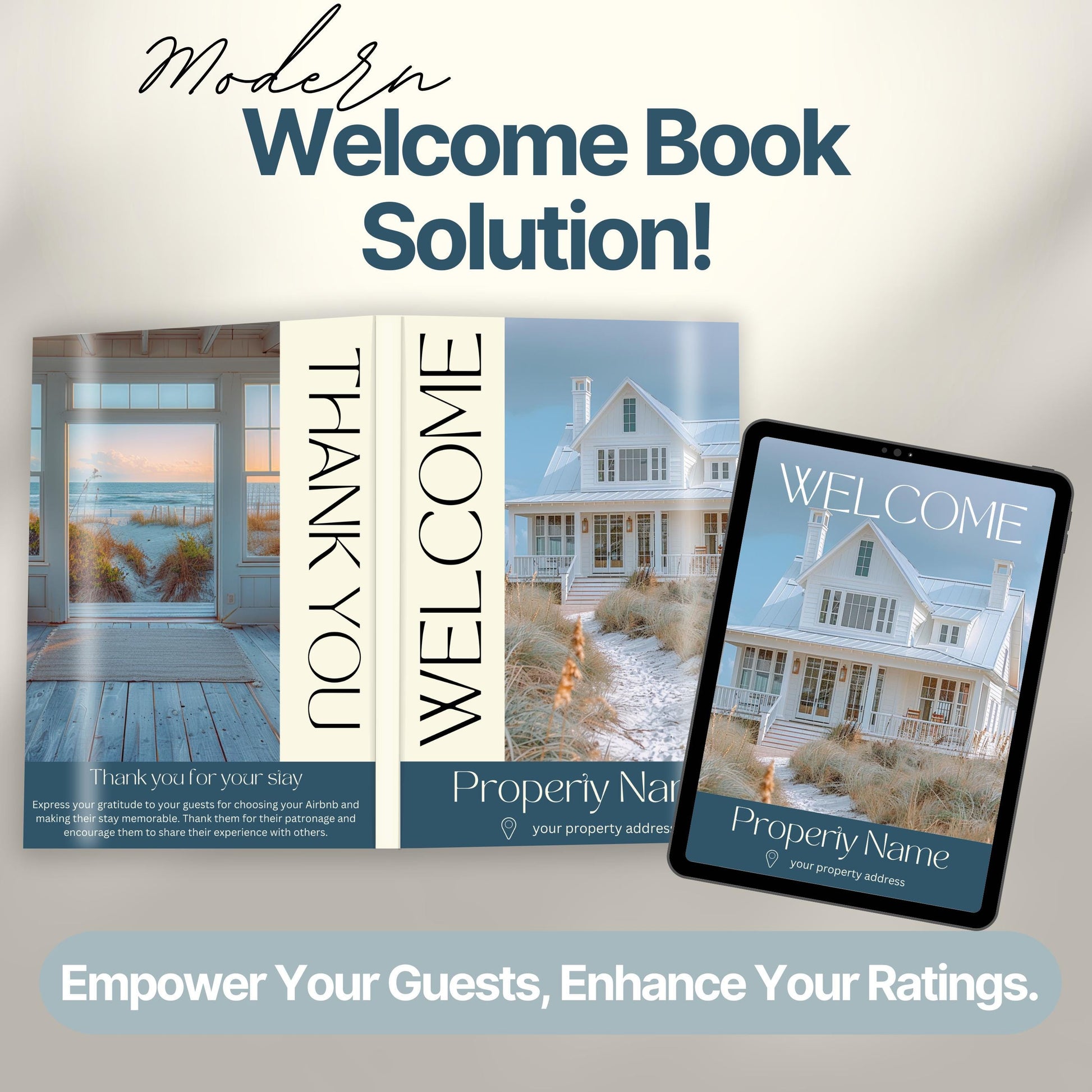Promotional graphic showcasing a modern Airbnb welcome book solution. The image features a printed welcome book opened.