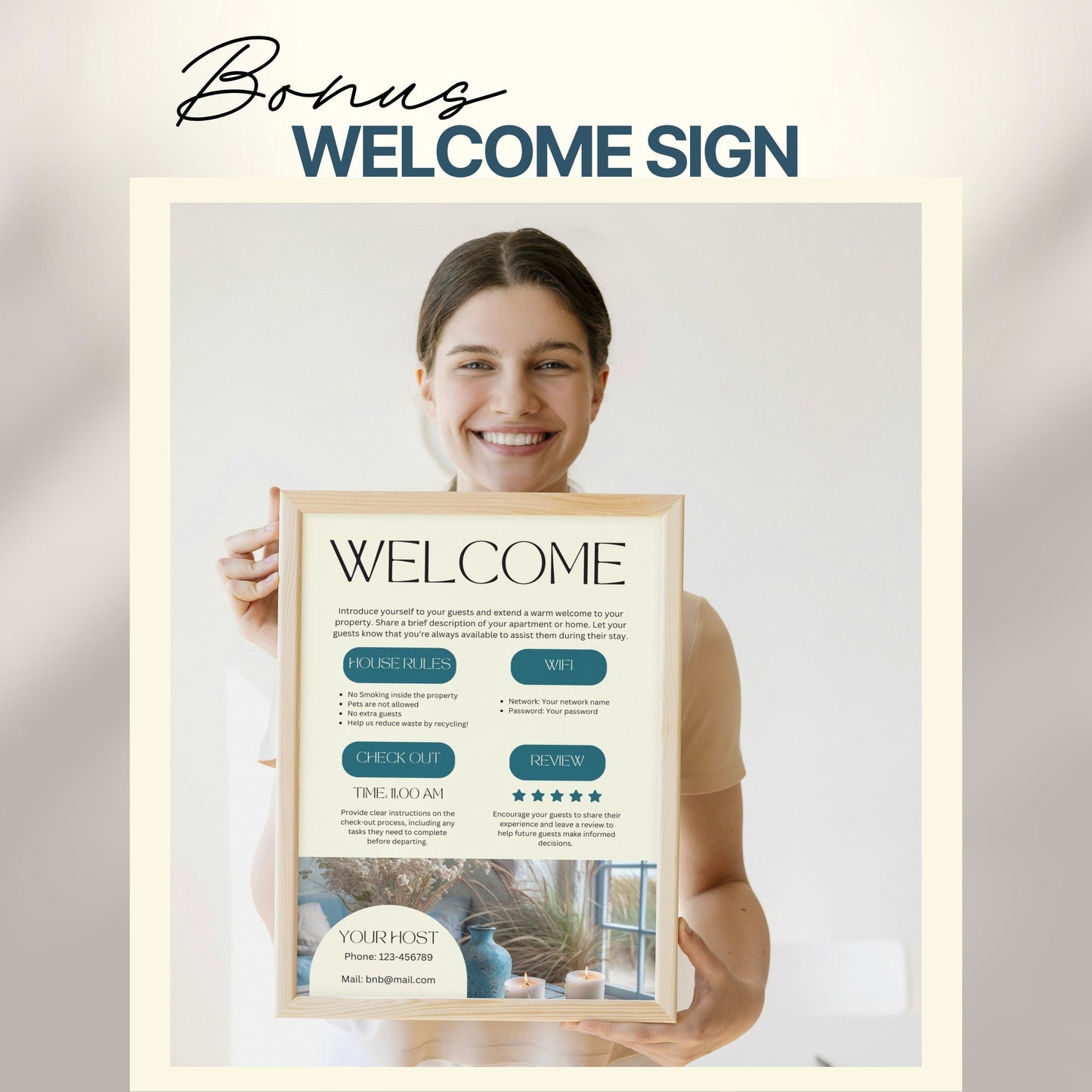 A smiling woman holds a framed "Welcome" sign designed for Airbnb or short-term rental guests. The sign includes sections for house rules, WiFi details, check-out time, review encouragement, and host contact information.