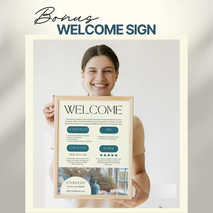 A smiling woman holds a framed "Welcome" sign designed for Airbnb or short-term rental guests. The sign includes sections for house rules, WiFi details, check-out time, review encouragement, and host contact information.