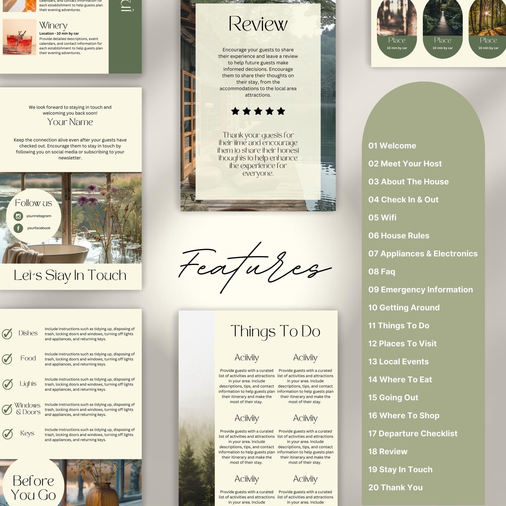 A promotional layout for a Airbnb Welcome Book template. The image displays various page samples including sections like “Review,” “Things To Do." 