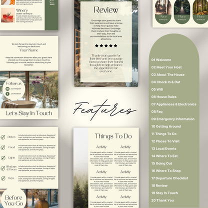 A promotional layout for a Airbnb Welcome Book template. The image displays various page samples including sections like “Review,” “Things To Do." 
