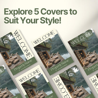 Graphic promoting customizable Airbnb Welcome Book covers with the headline “Explore 5 Covers to Suit Your Style!”
