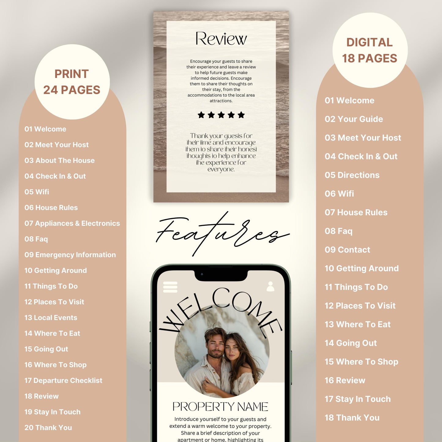 A promotional layout for a Airbnb Welcome Book template. The image displays various page samples including sections like “Review,” “Things To Do,” “Let’s Stay In Touch,” and “Before You Go.”