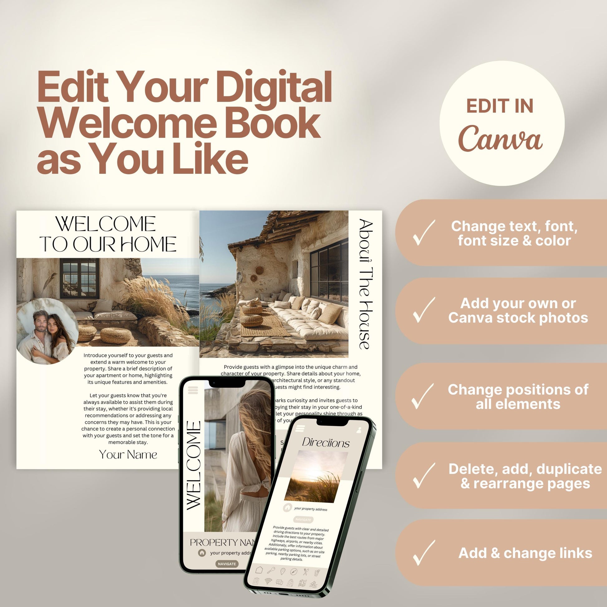 Editable Airbnb host welcome guide template, featuring welcome messages, house description, and host introduction. Includes checklist of customizable elements such as text, photos, layout, and links, all editable in Canva.