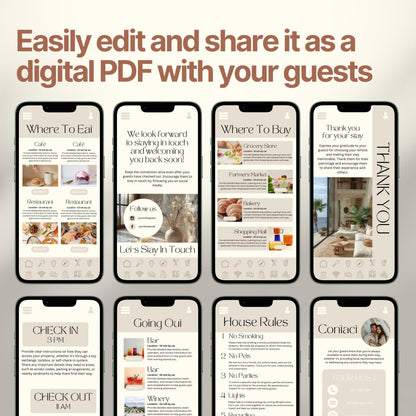 Smartphones display various pages of a digital Airbnb welcome book. The top header reads, "Easily edit and share it as a digital PDF with your guests," emphasizing customization and digital sharing convenience.