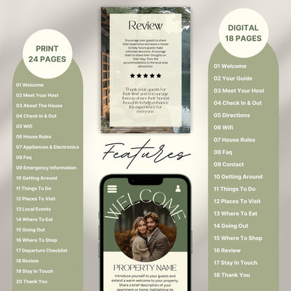 A promotional layout for a Airbnb Welcome Book template. The image displays various page samples including sections like “Review,” “Welcome" 