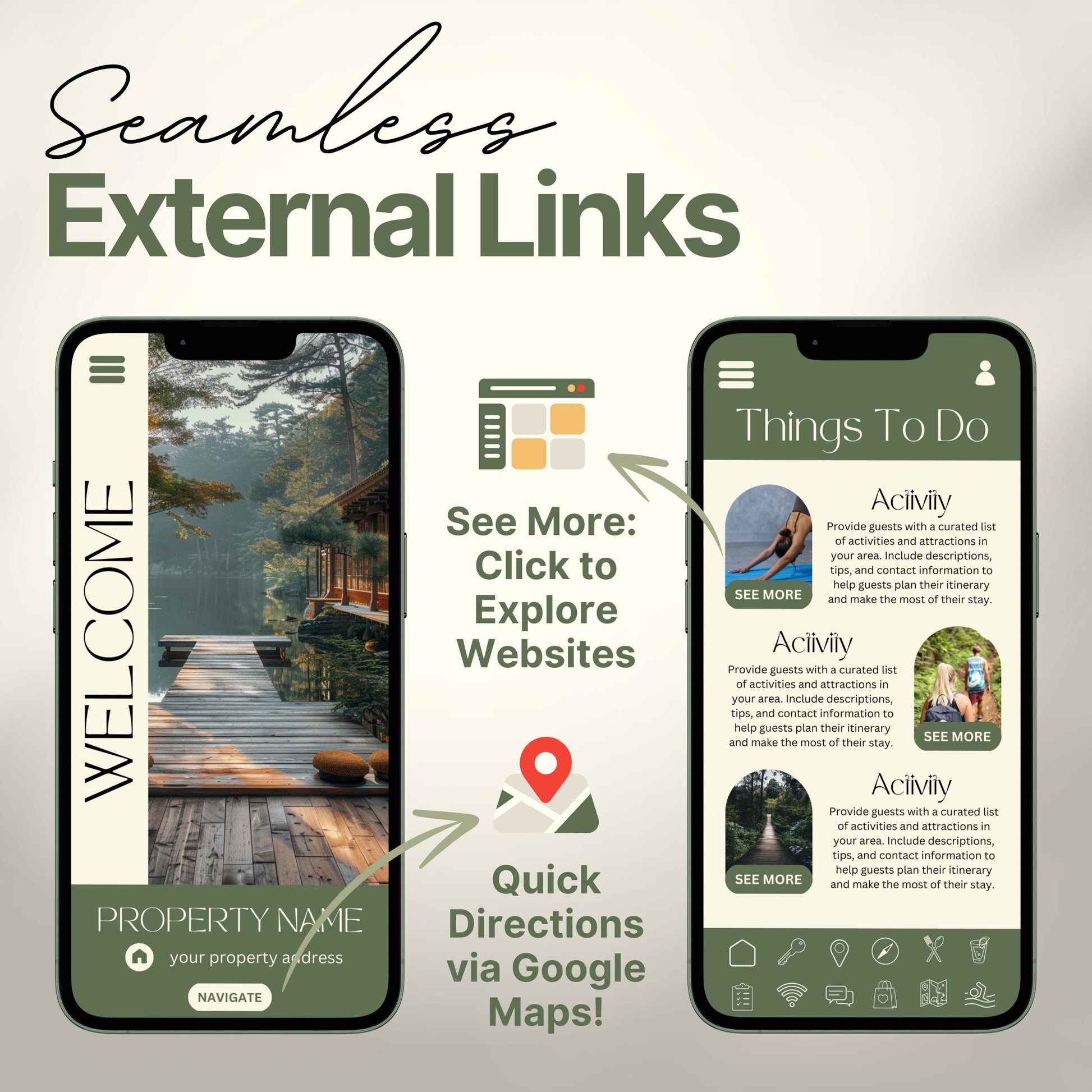 Arrows and icons highlight features like "See More: Click to Explore Websites" and "Quick Directions via Google Maps!" The design emphasizes seamless integration of external links for an interactive guest experience.