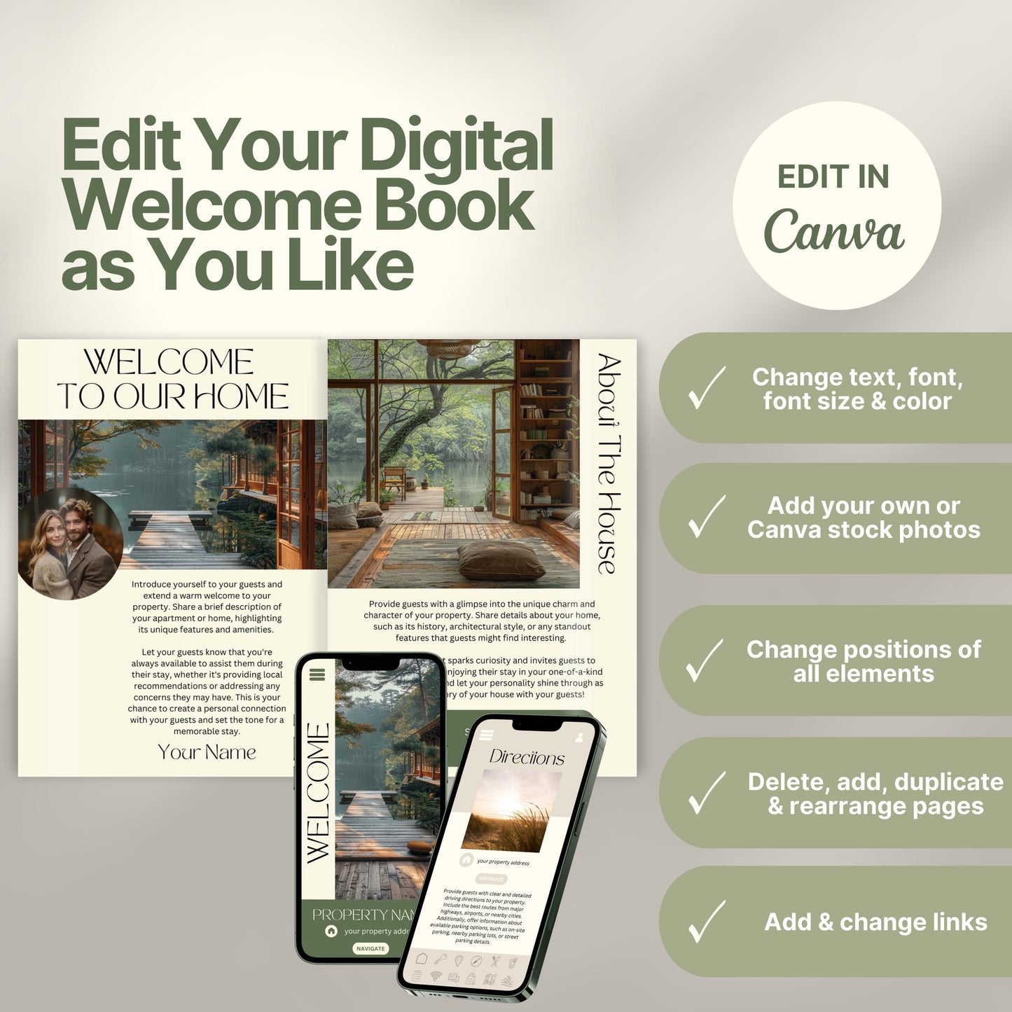 Editable Airbnb host welcome guide template, featuring welcome messages, house description, and host introduction. Includes checklist of customizable elements such as text, photos, layout, and links, all editable in Canva.