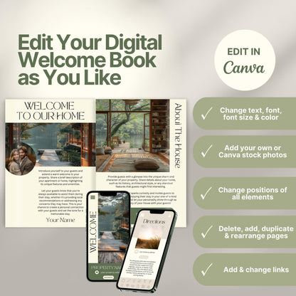 Editable Airbnb host welcome guide template, featuring welcome messages, house description, and host introduction. Includes checklist of customizable elements such as text, photos, layout, and links, all editable in Canva.