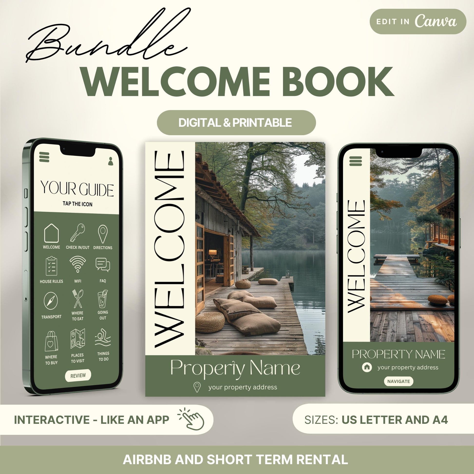 Promotional image for an "Airbnb Welcome Book" editable in Canva. A tablet and print view are shown for flexibility. The text highlights that the templates are available in US Letter and A4 sizes.Ideal for Airbnb and short-term rental hosts.